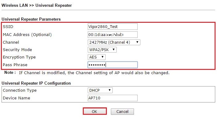Enter the information about the main router on Universal Repeater setup page